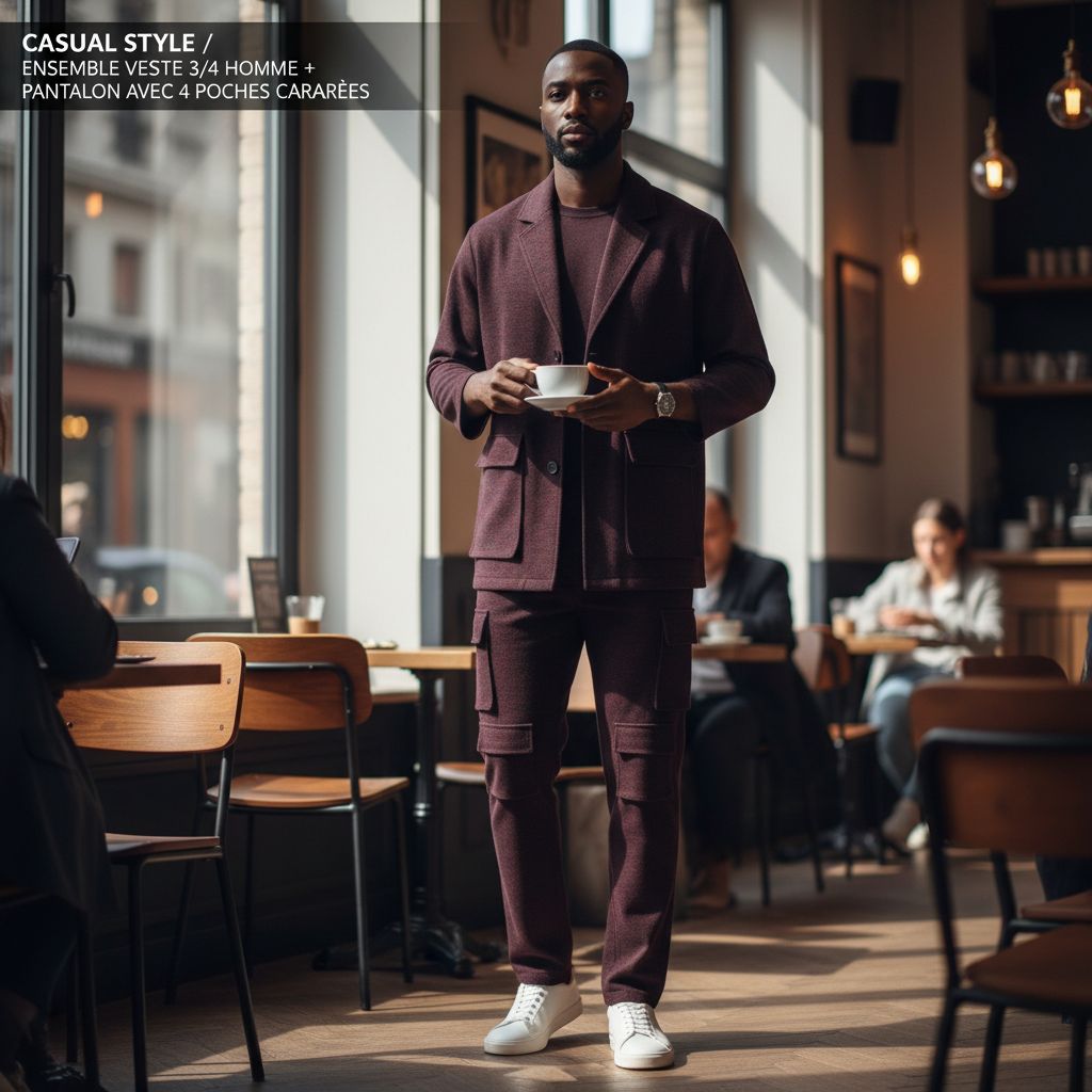 Ensemble veste 3/4 homme rouge élégant, pantalon 4 poches style africain