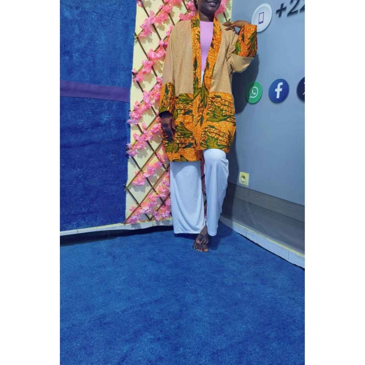 Kimono wax femme orange en coton, manteau long africain chic XL