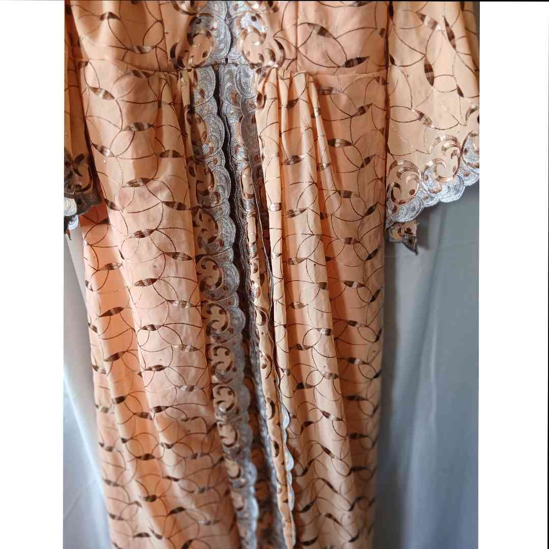 Robe brodée saumon orange femme, longue chic dentelle grise bohème