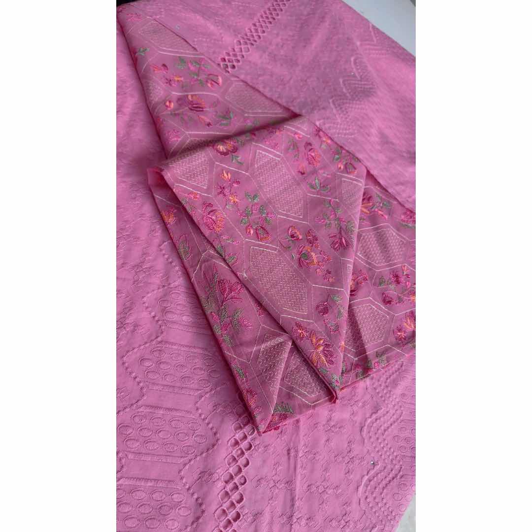 Tissu rubia coton chic rose brodé fleurs, idéal cérémonie et haute couture