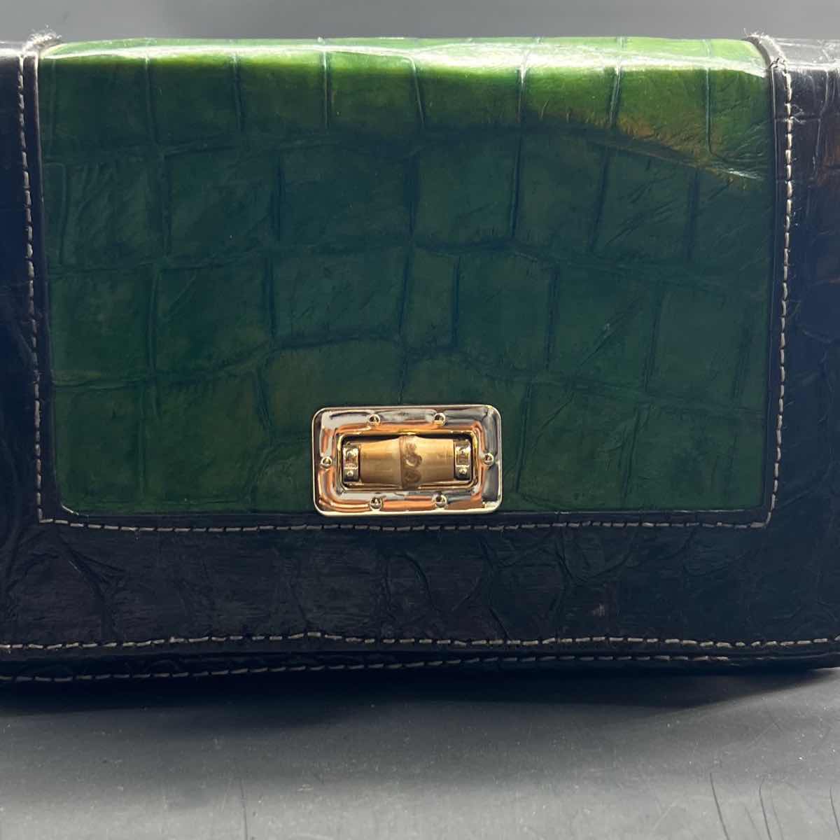 Sac à main cuir femme vert et noir, élégant croco, bandoulière chic