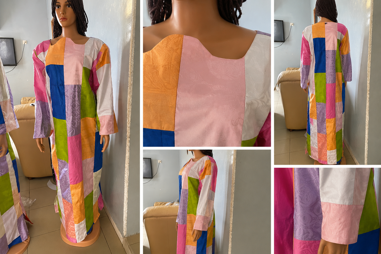 Robe longue patchwork multicolore artisanale pour femme