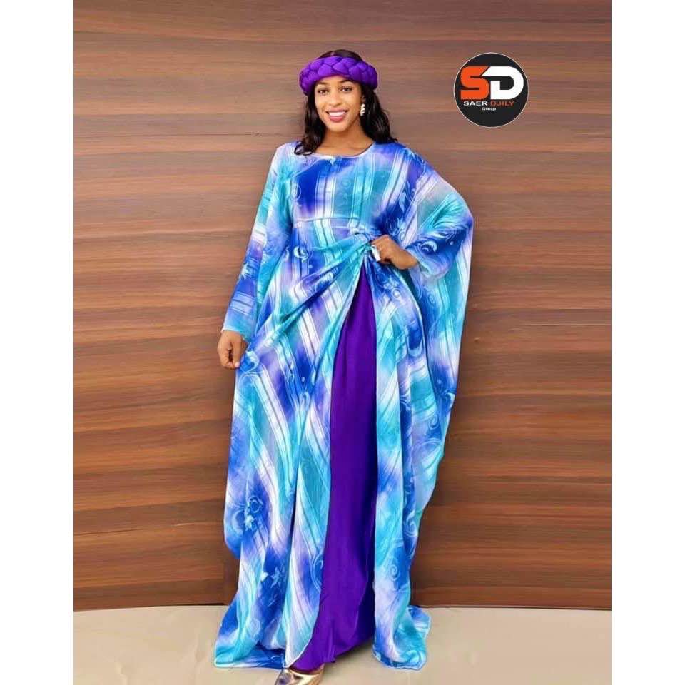 Ensemble femme africain élégant bleu et rouge, robe longue avec bandeau