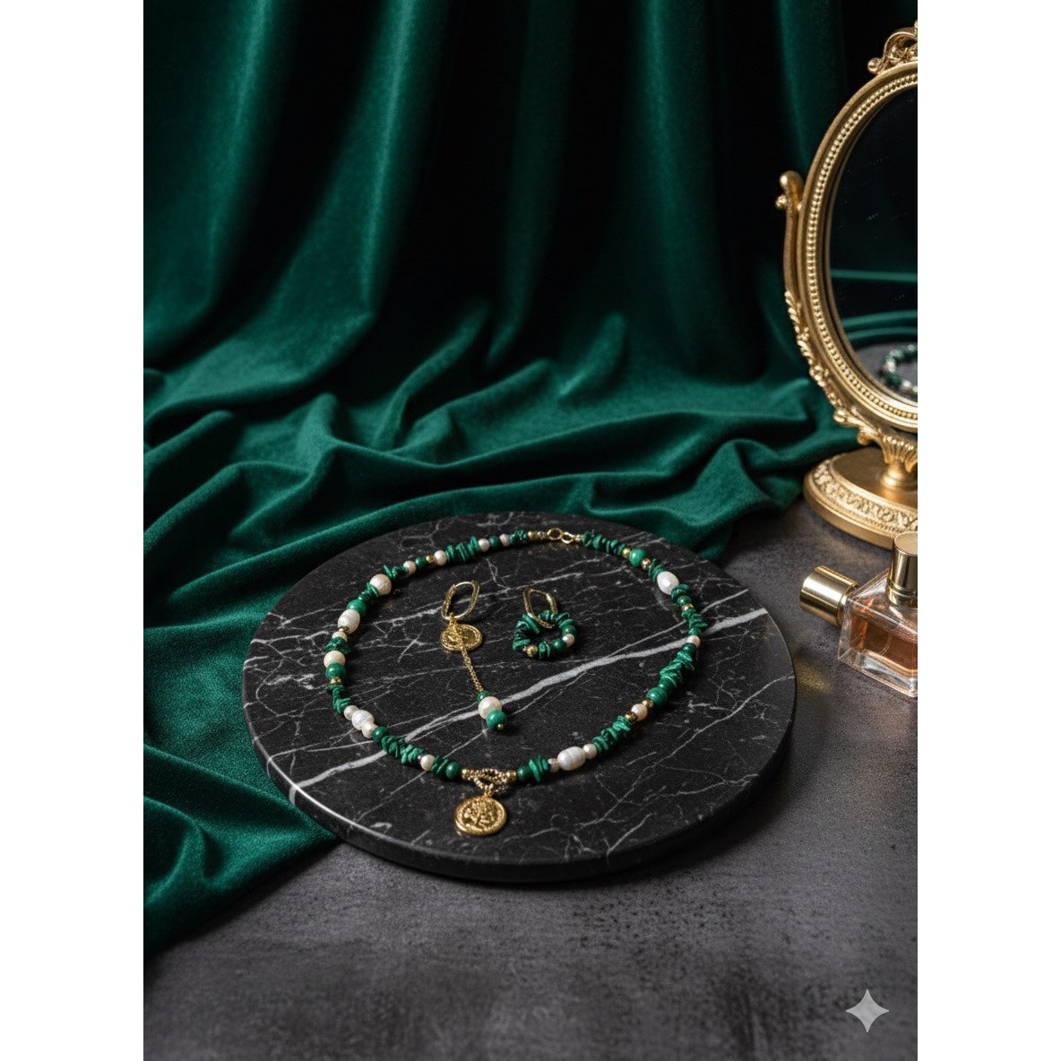 Collier malachite femme perles d’eau douce acier inoxydable