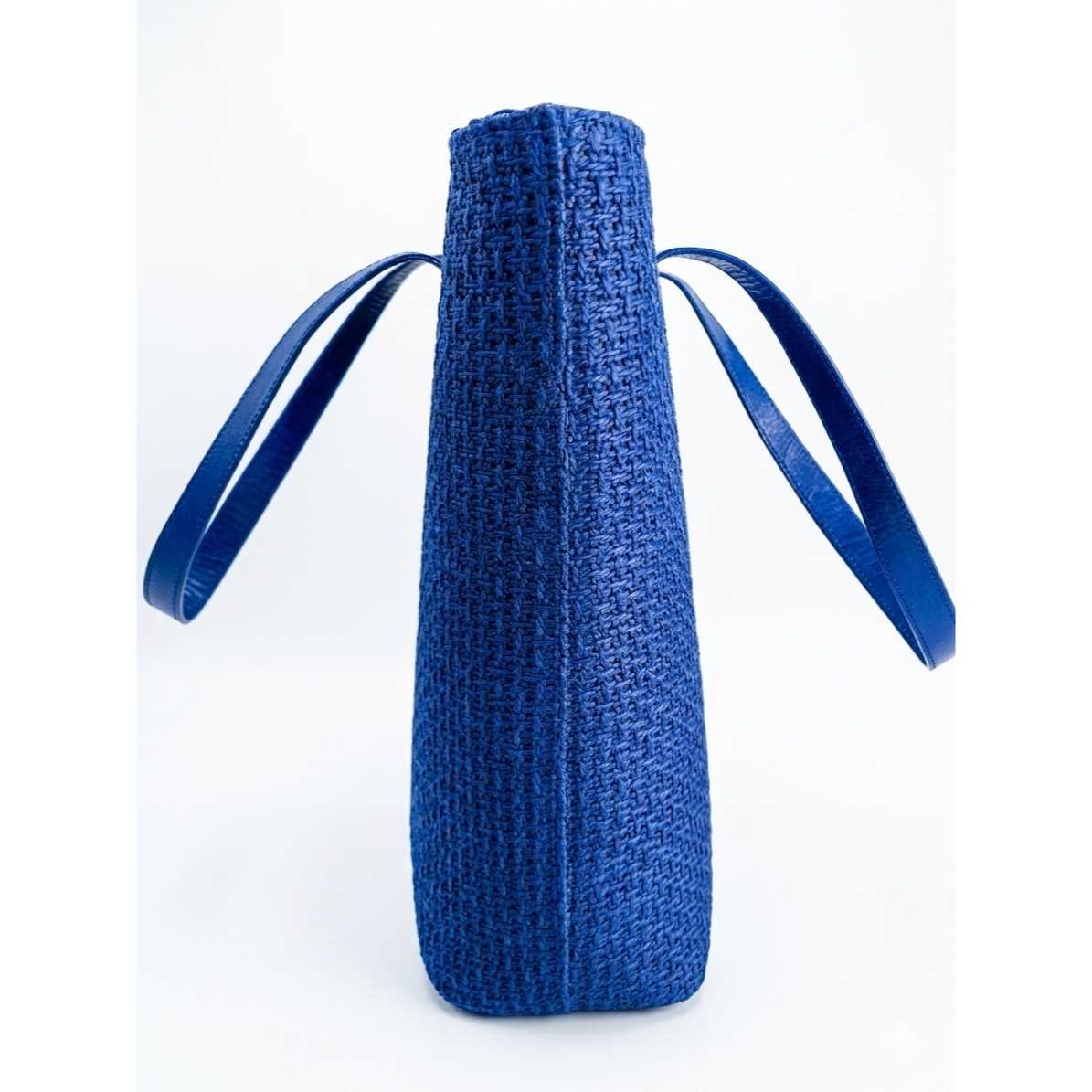 Sac cabas raphia bleu et cuir femme, grand sac léger