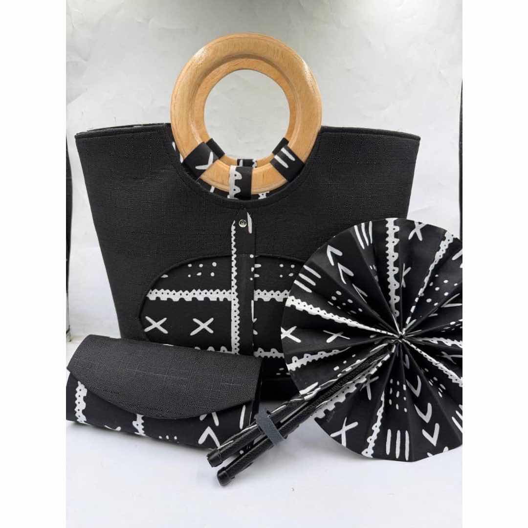 Sac à main noir et blanc motifs géométriques avec portefeuille assorti