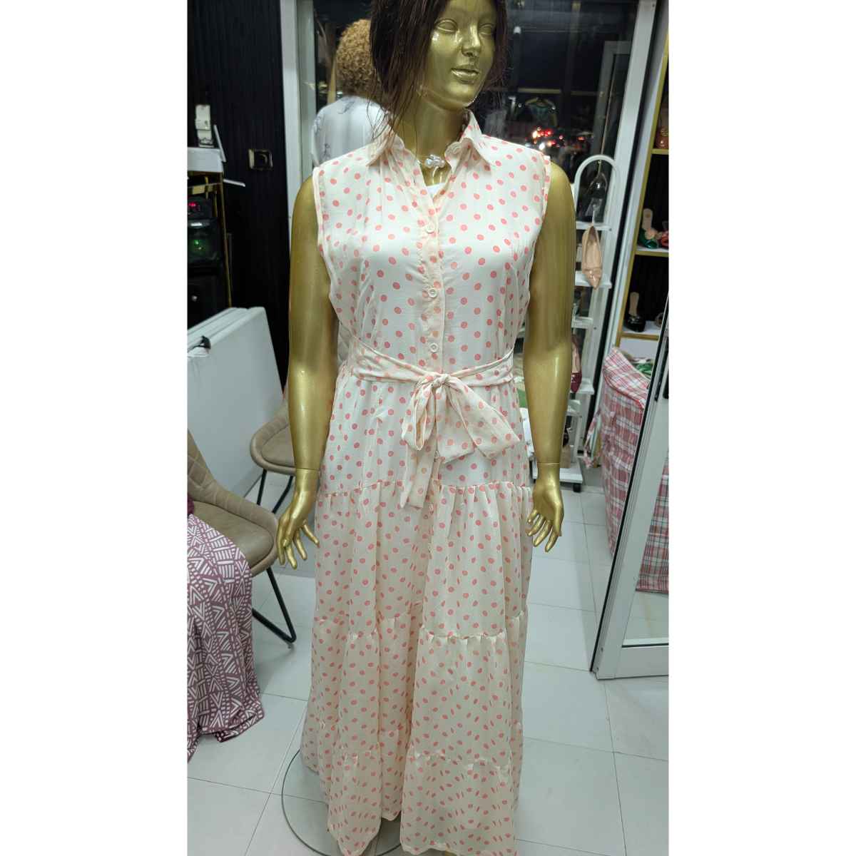 Robe paysanne à pois blanche et rose, longue fluide élégante femme été