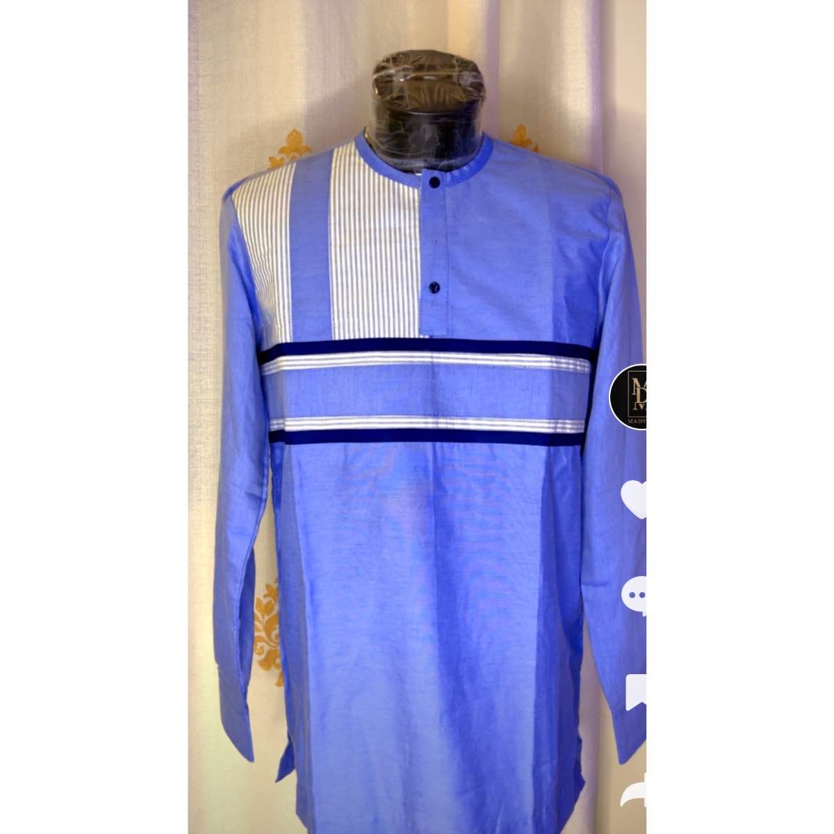 Chemise homme bleu col mao coton léger, élégante et confortable