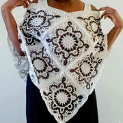 Poncho crochet femme réversible floral fait main beige marron bohème chic