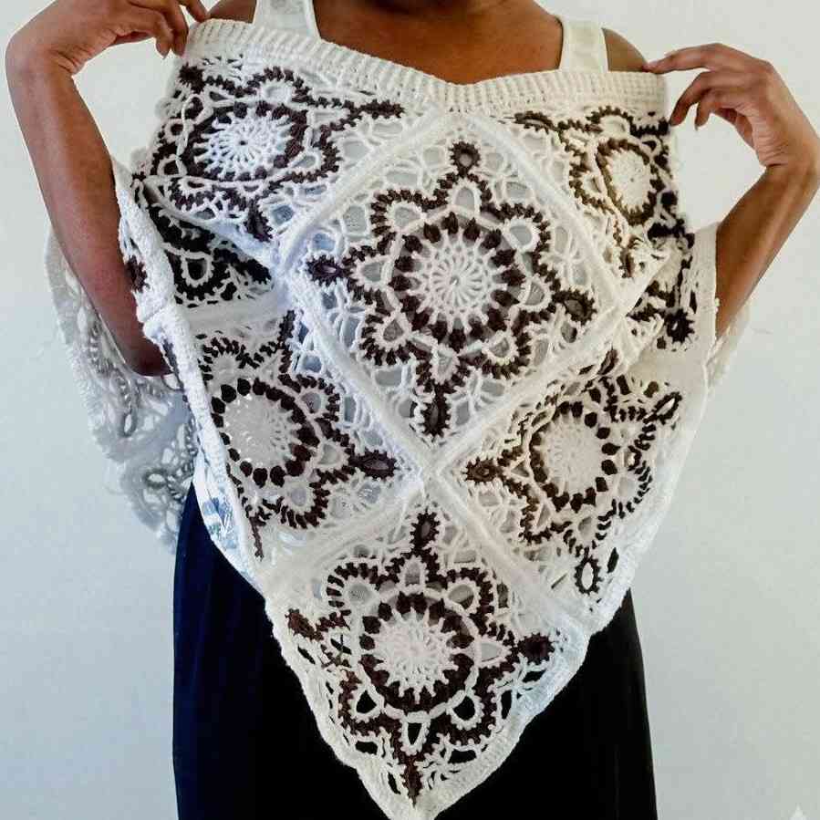 Poncho crochet femme réversible floral fait main beige marron bohème chic