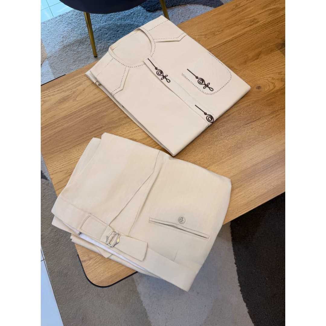 Ensemble homme chic broderie fait main élégant coton avec ceinture XL XXL