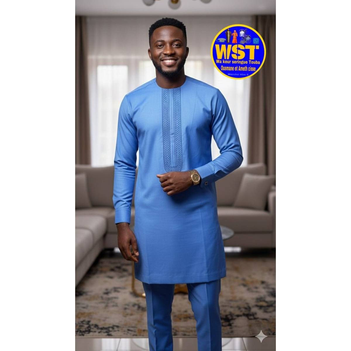 Tunique homme élégante bleu, tenue traditionnelle chic, coton polyester