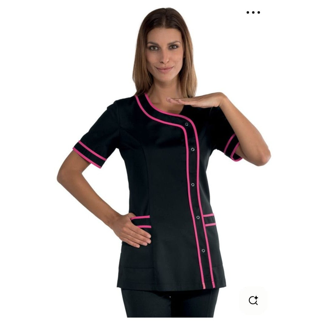 Blouse institut de beauté femme en noir et rose