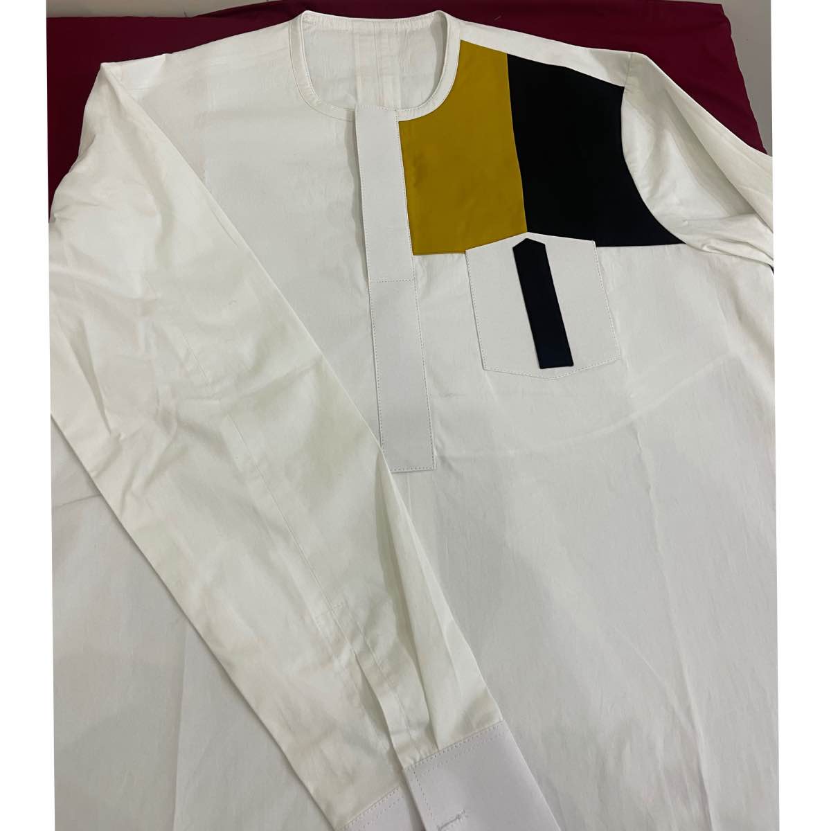 Chemise homme élégante coton col rond, blanche et moutarde coupe droite XL