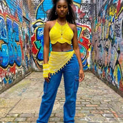 Crop top crochet femme jaune blanc fait main avec mitaine et bandana bohème