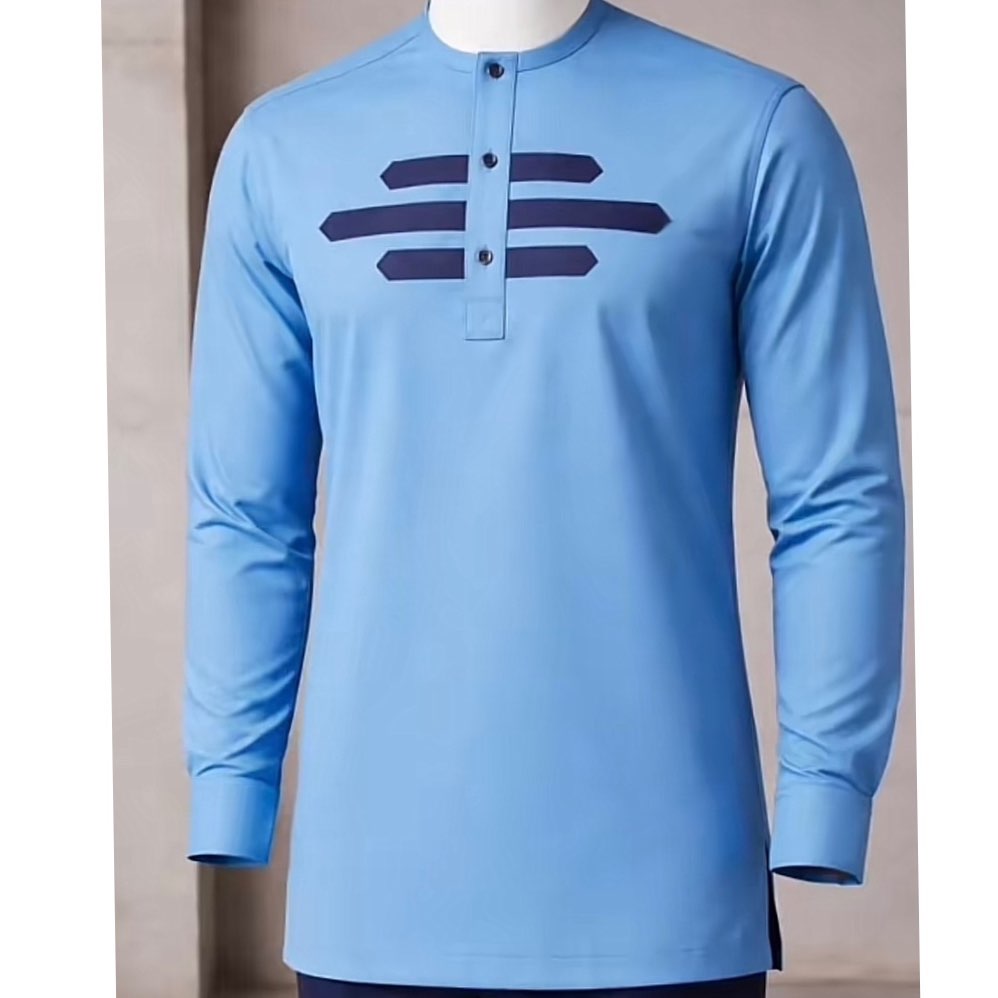 Chemise africaine homme bleue élégante col mao motif géométrique coton