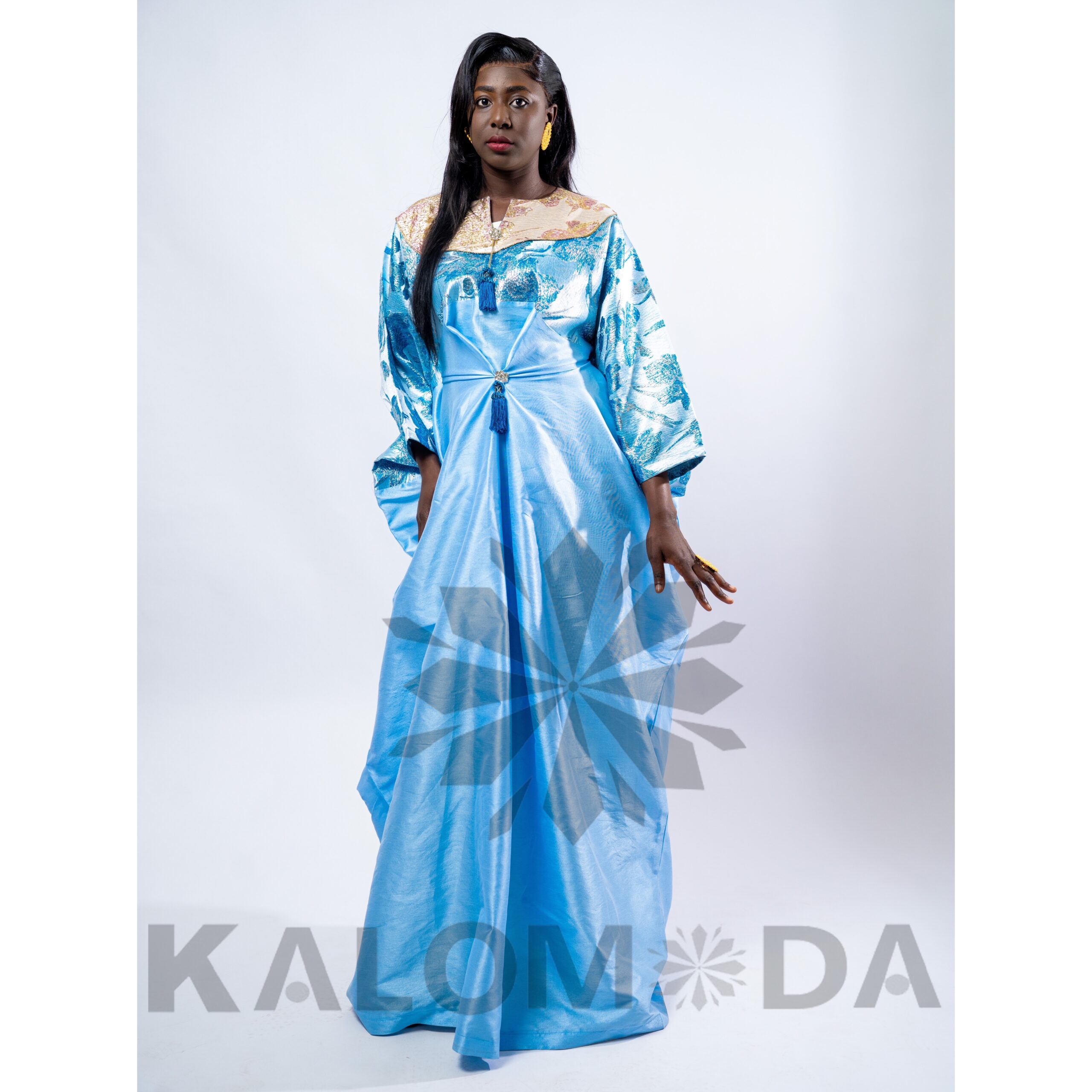Bubu africain femme blue cien – Robe longue satinée élégante cérémonie