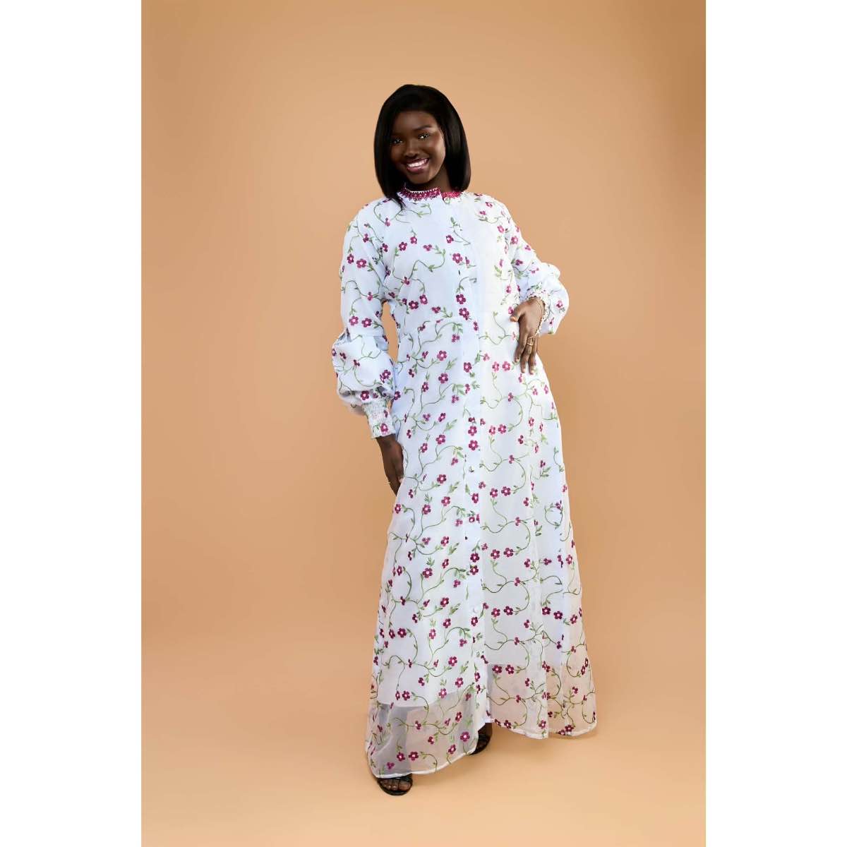 Robe Longue Fleurie Beige Élégante pour Femme