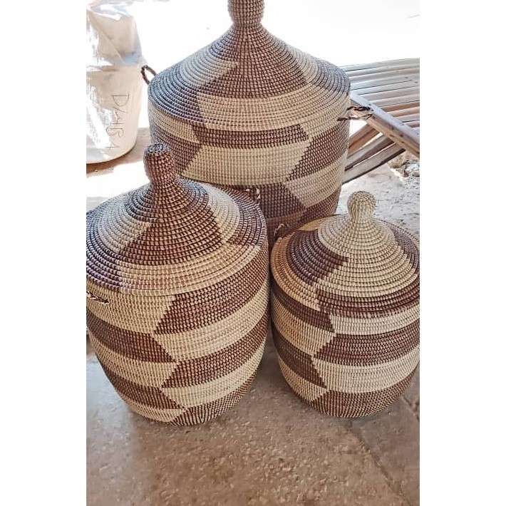 Panier de décoration africaine tressé avec couvercle, rangement artisanal