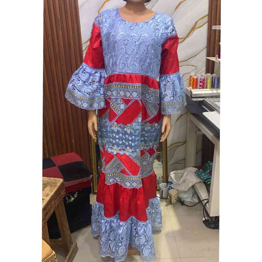 Robe bazin guipure dentelle rouge bleu