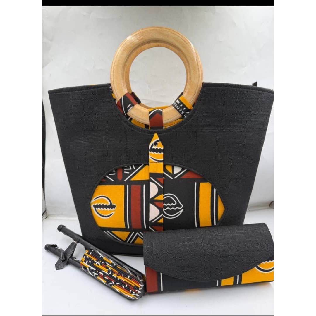 Sac à main noir et blanc motifs géométriques avec portefeuille assorti