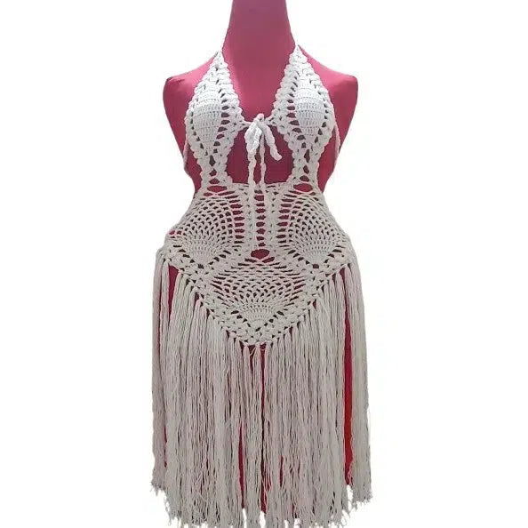Robe crochet fait main bohème chic blanche rouge – Robe été artisanale femme