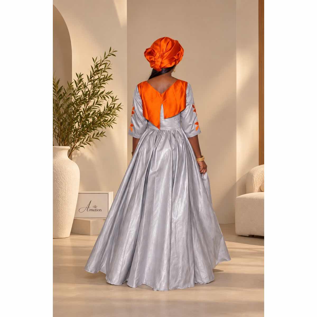 Robe bazin riche femme gris orange et dentelle coton, ensemble élégant mariage
