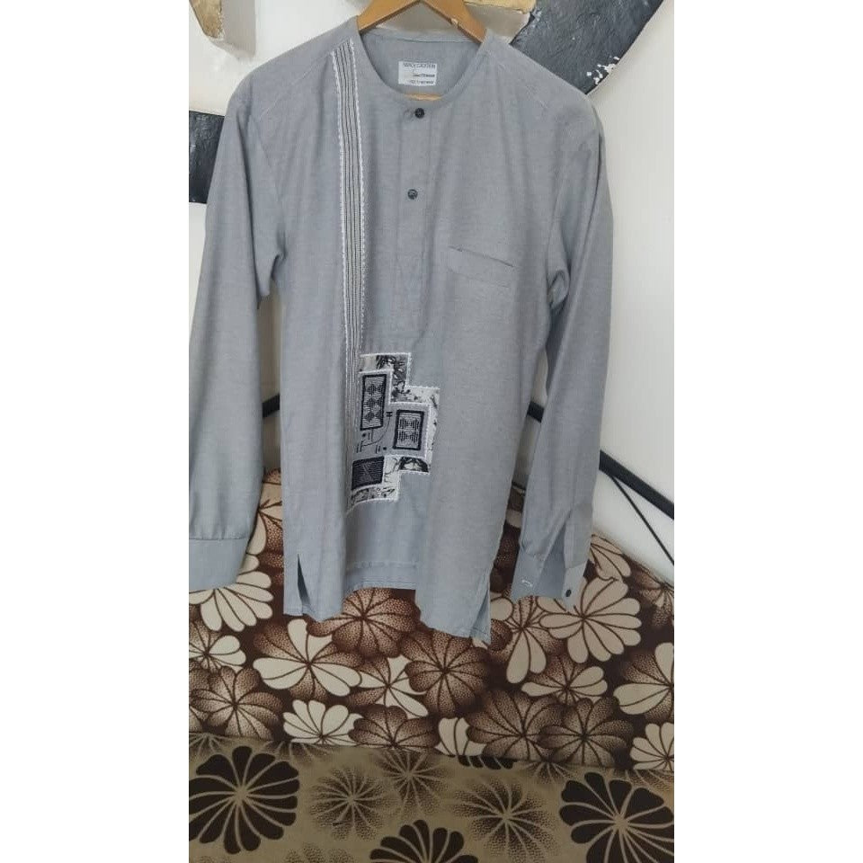 Chemise Homme Lin Gris Brodée - Élégance Artisanale Ethnique