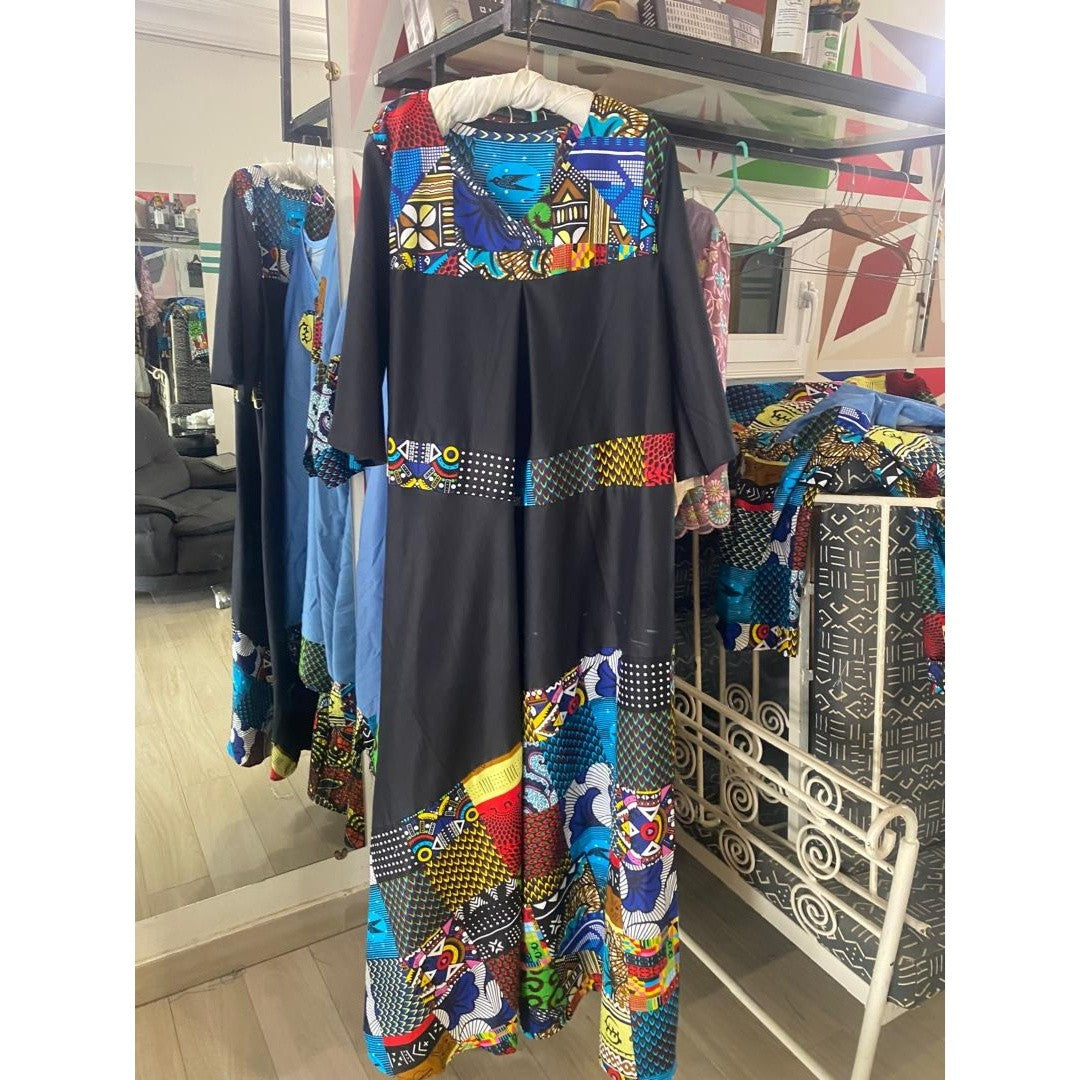 Robe femme wax en jean patchwork, longue bohème chic avec poches