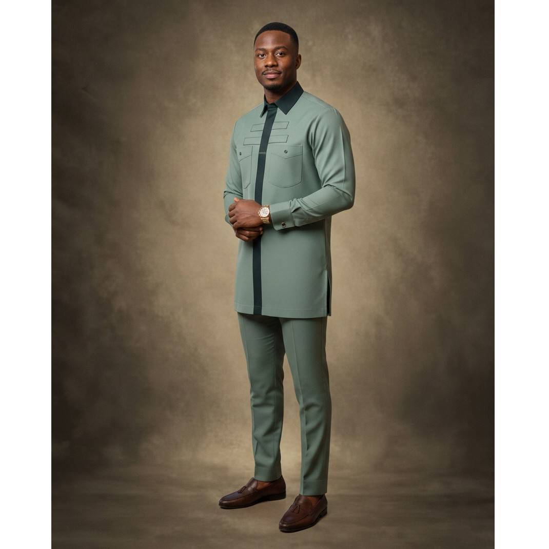 Ensemble costume homme vert sauge élégant coupe ajustée cérémonie chic