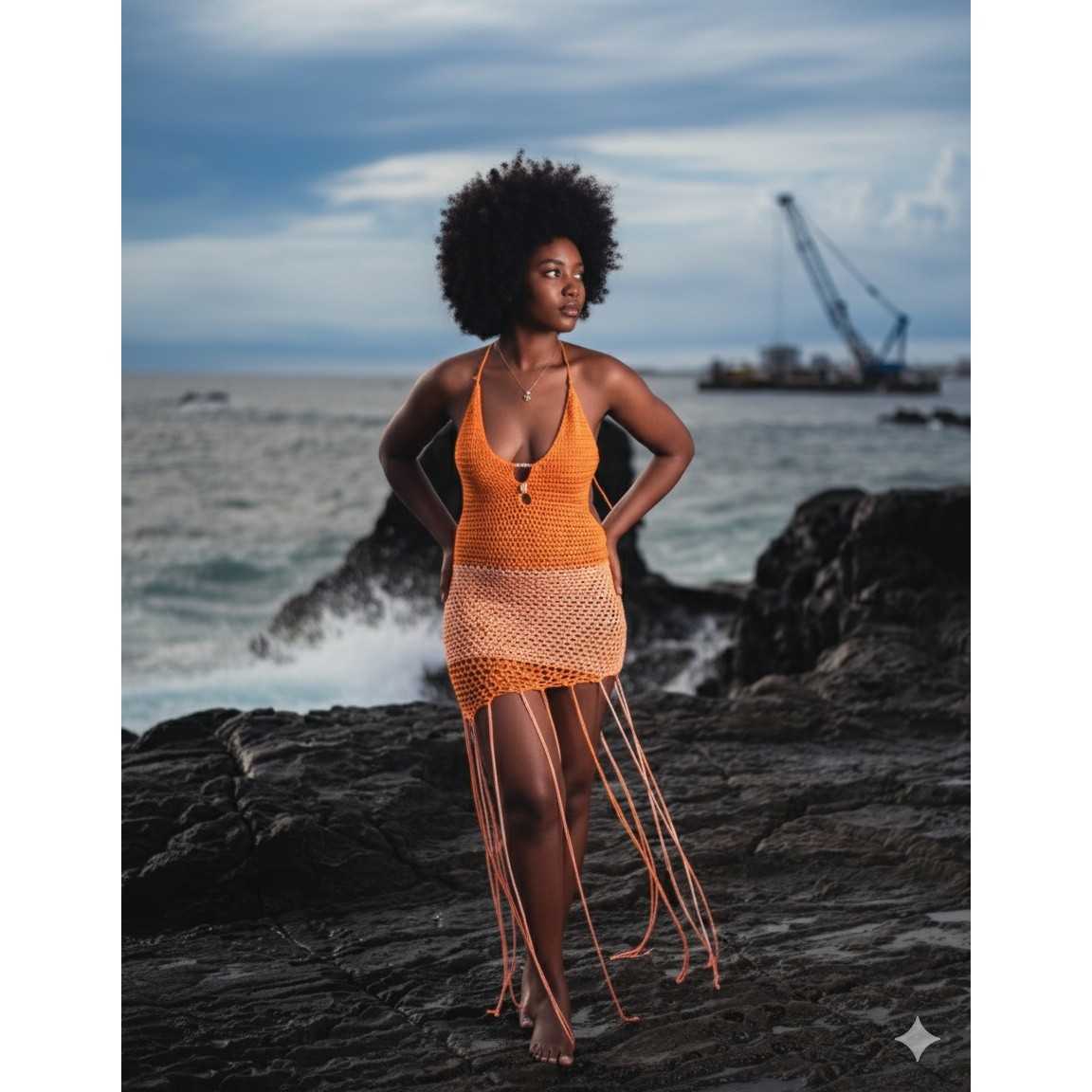 Robe de plage crochet bicolore orange blanc