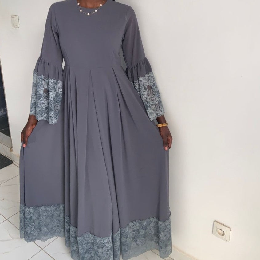 Robe ample femme grise élégante, longue et fluide, idéale cérémonie soirée