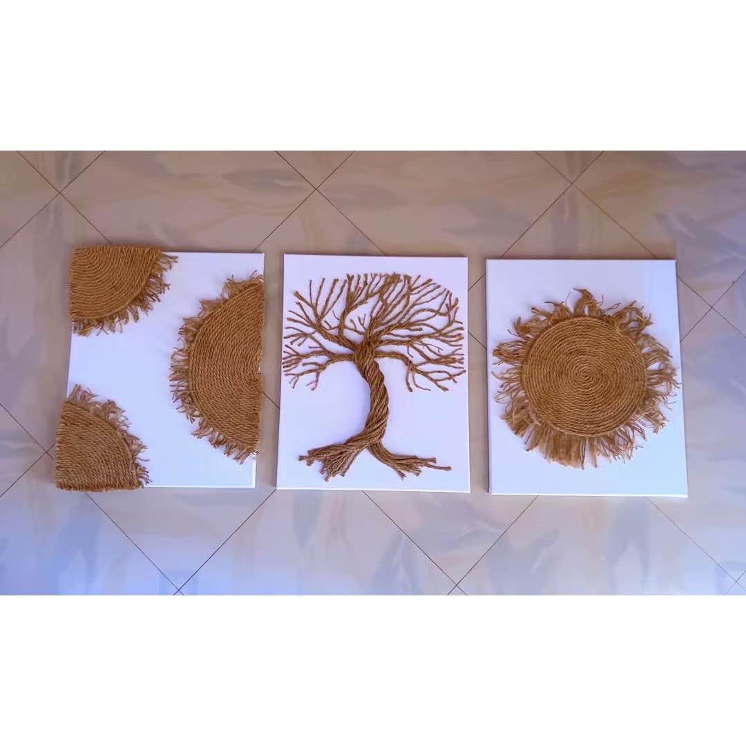 Tableau décoratif mural blanc beige 50x40 cm, corde de jute bohème