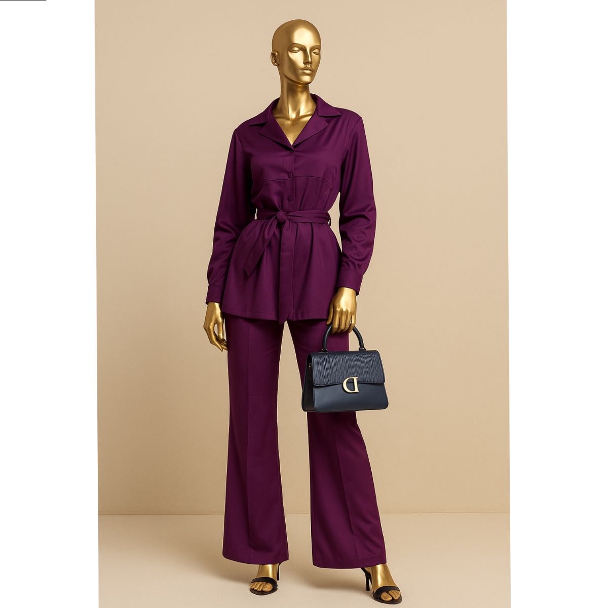 Robe longue beige femme élégante et ensemble pantalon chemise moderne