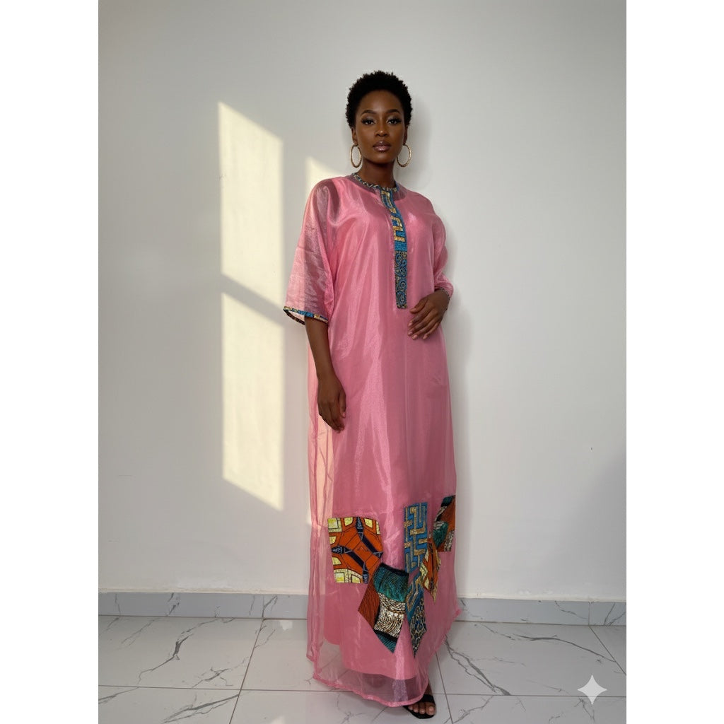 Tunique organza femme décorée wax, fond robe coton chic cérémonie