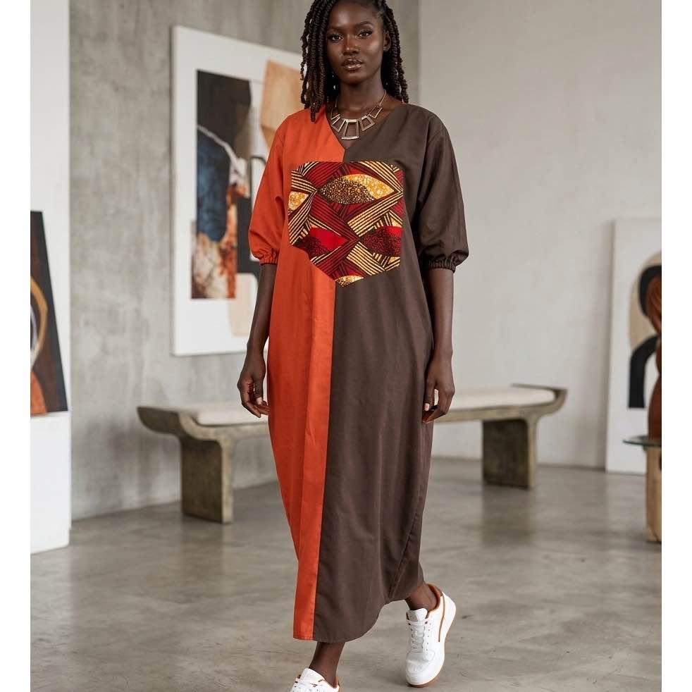 Tunique femme élégante orange marron, ample et confortable, manches 3/4