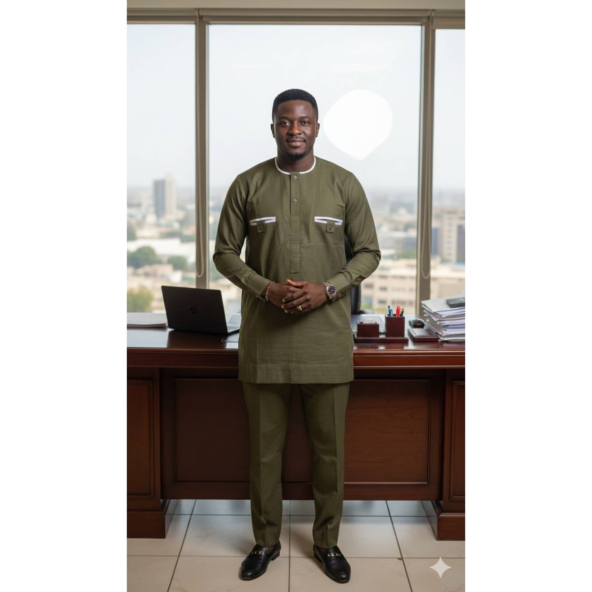 Ensemble homme olive élégant – Costume africain vert kaki chic et moderne