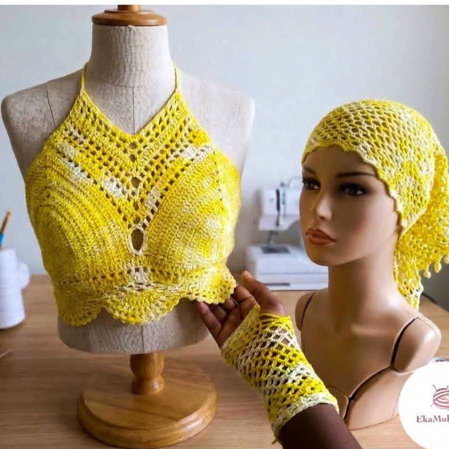 Crop top crochet femme jaune blanc fait main avec mitaine et bandana bohème