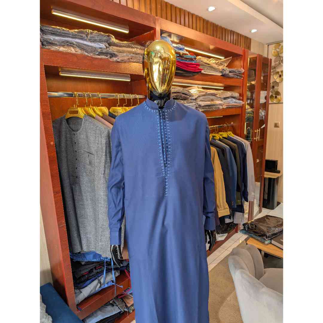 Ensemble africain homme bleu col mao, élégant coton brodé cérémonie