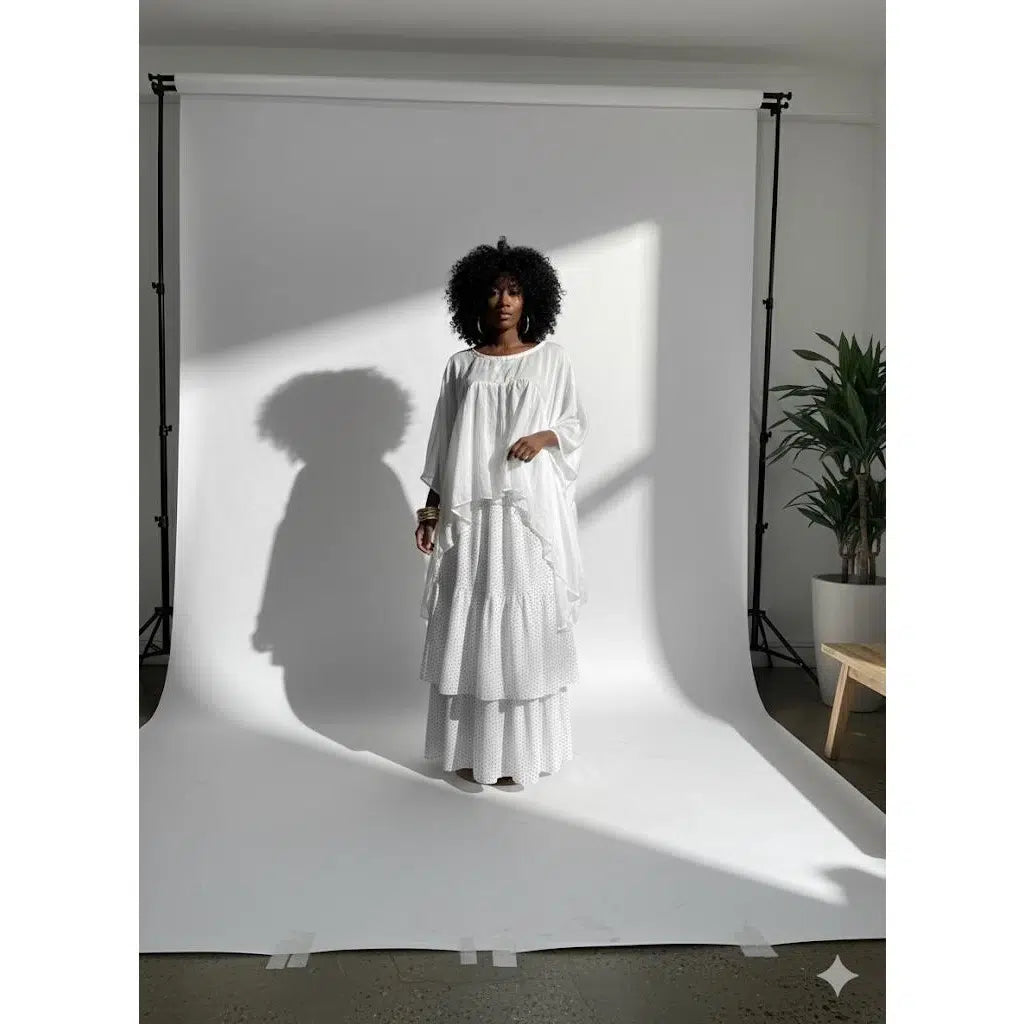 Ensemble jupe haut femme blanc bohème chic – coton fluide, volants élégants