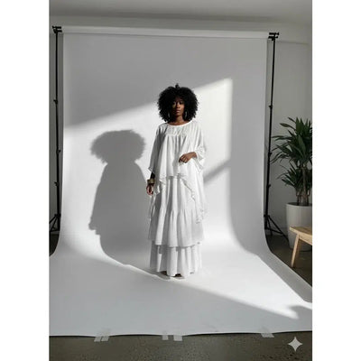 Ensemble jupe haut femme blanc bohème chic – coton fluide, volants élégants