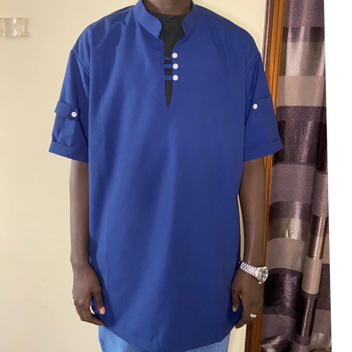 Chemise homme bleu col mao manches courtes élégante coton soirée XL