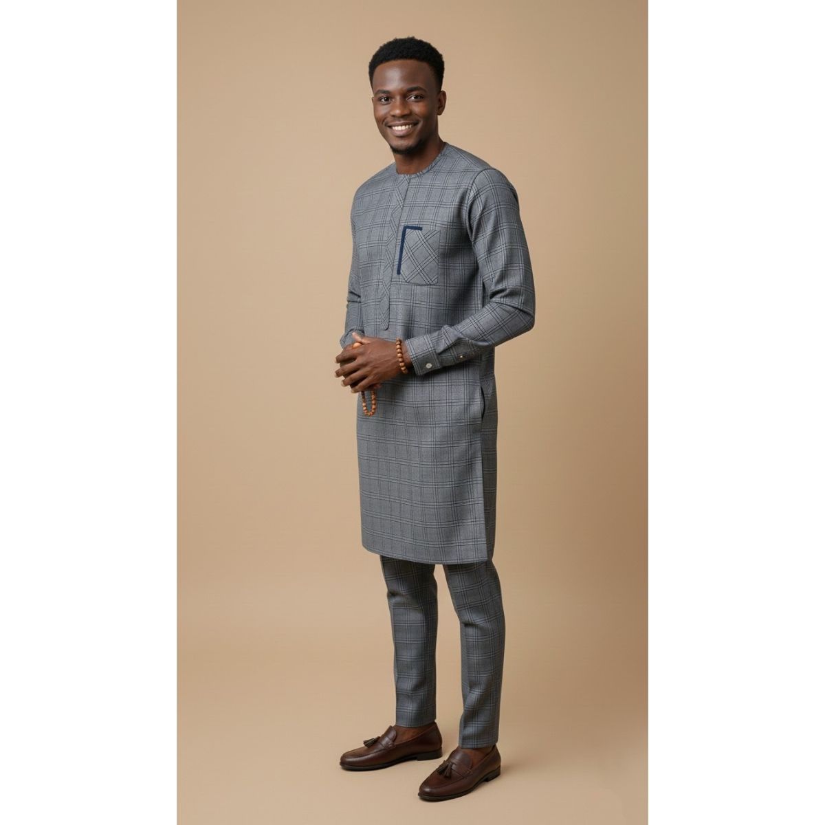 Ensemble homme élégant gris et bleu – Tunique et pantalon moderne chic