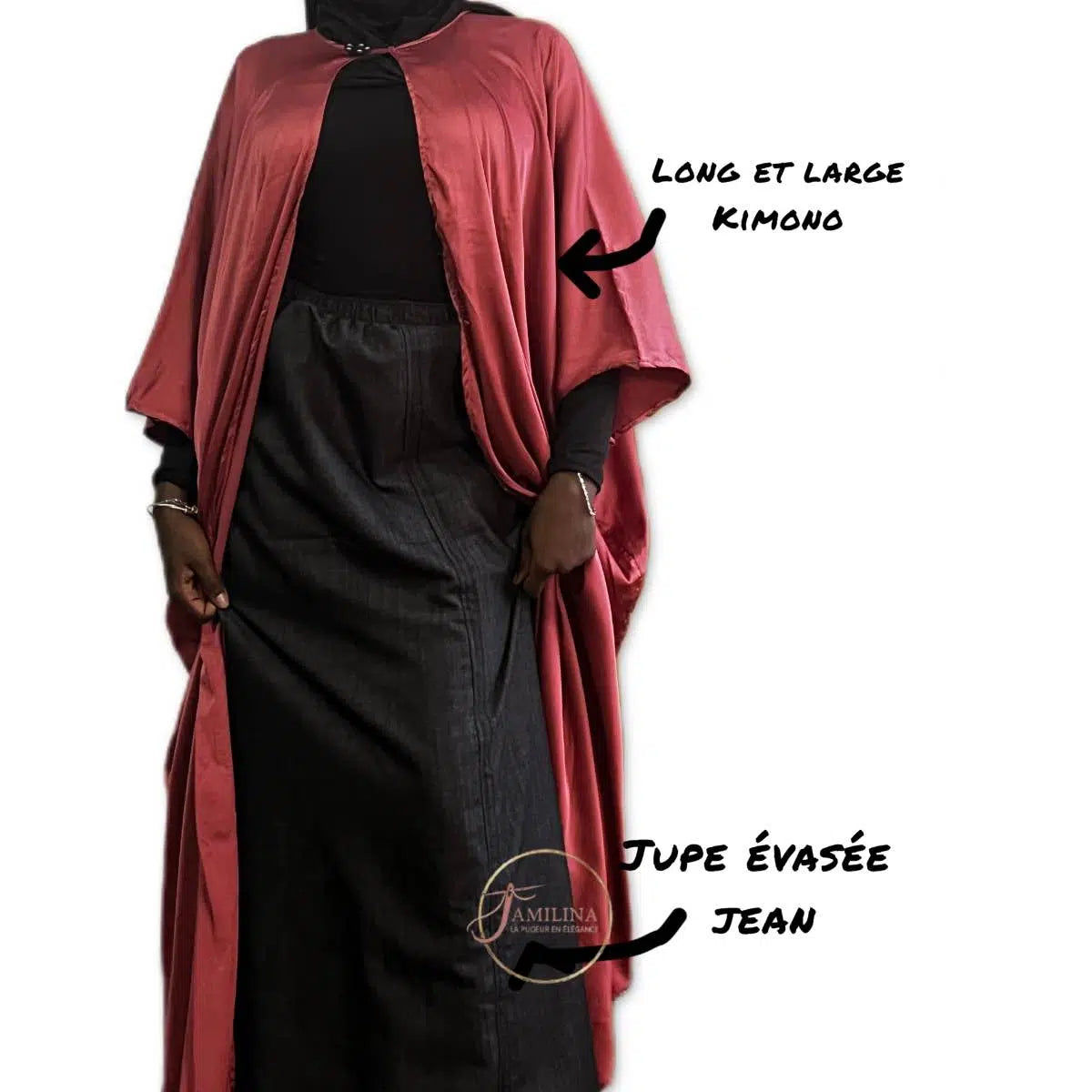 Ensemble kimono long femme rose satiné et jupe en jean noire