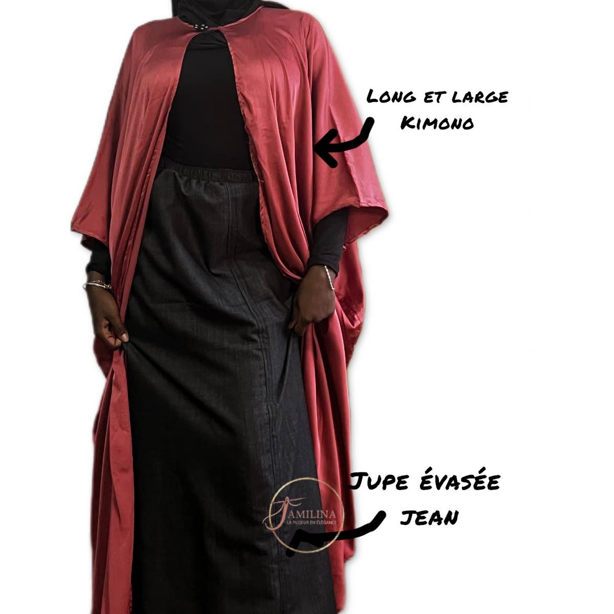 Ensemble kimono long femme rose satiné et jupe en jean noire