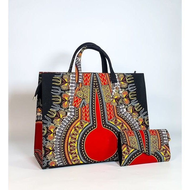 Sac à main wax africain femme – Grand sac ethnique chic motifs rouges et noirs