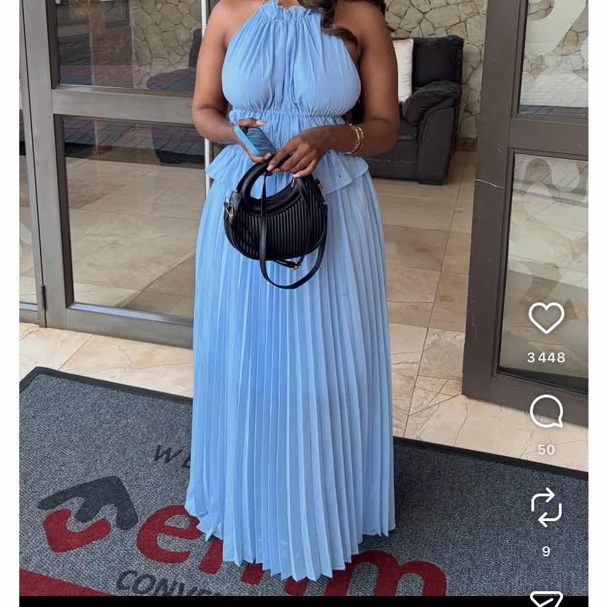 Robe longue femme élégante bleu ciel, chic plissée cérémonie et soirée