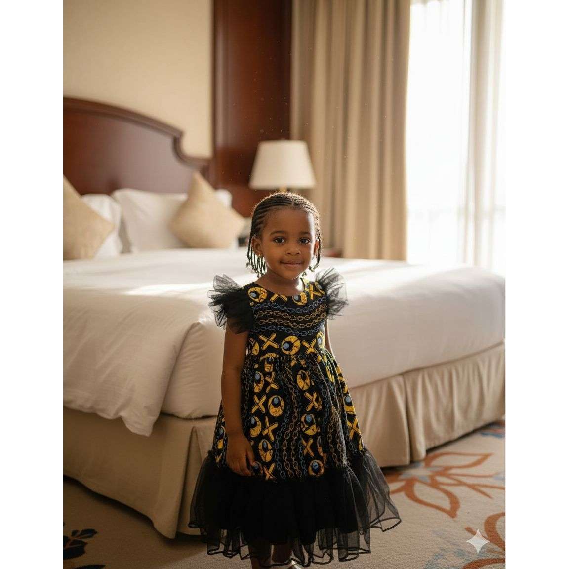 Robe fillette wax noire et jaune, chic cérémonie, motifs africains élégants