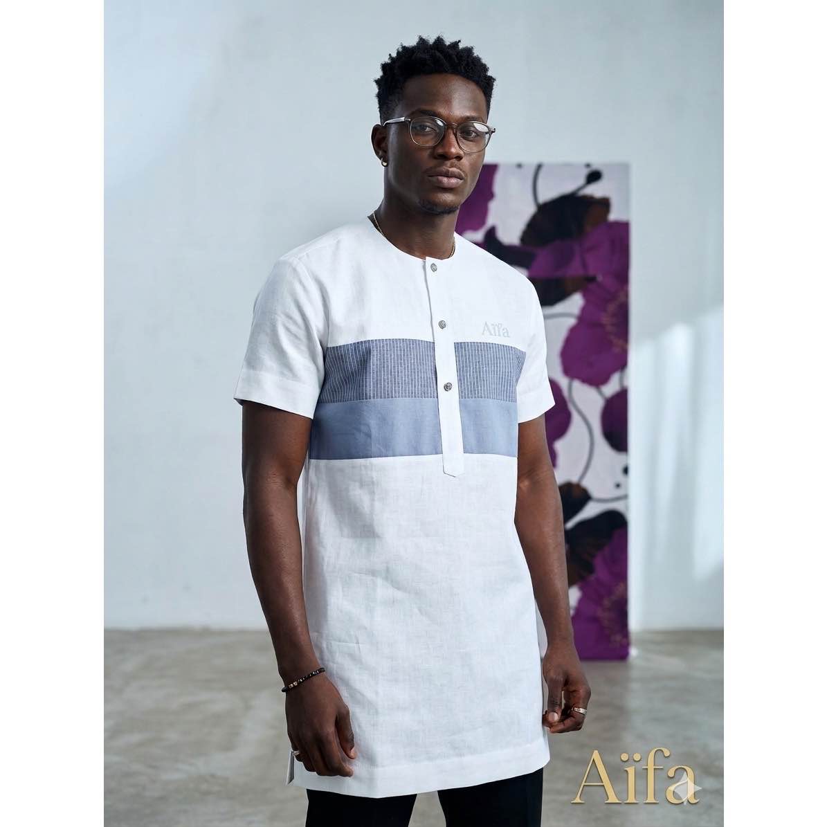 Chemise homme blanche col mao, manches courtes, lin coton chic et moderne