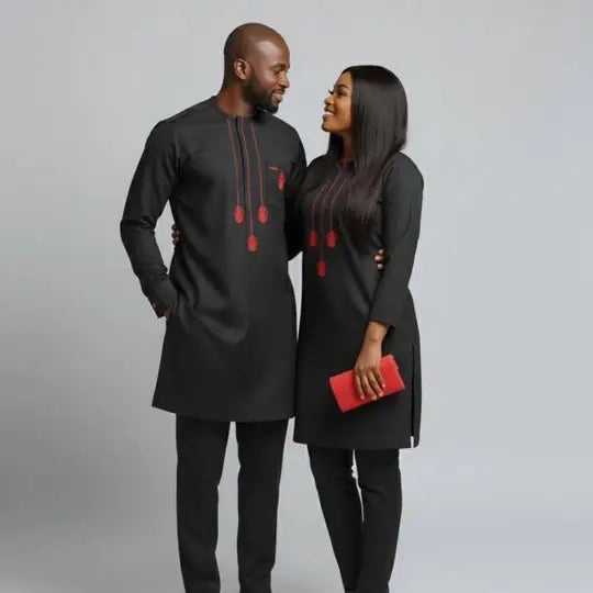 Ensemble couple traditionnel brodé noir rouge, tenue assortie élégante